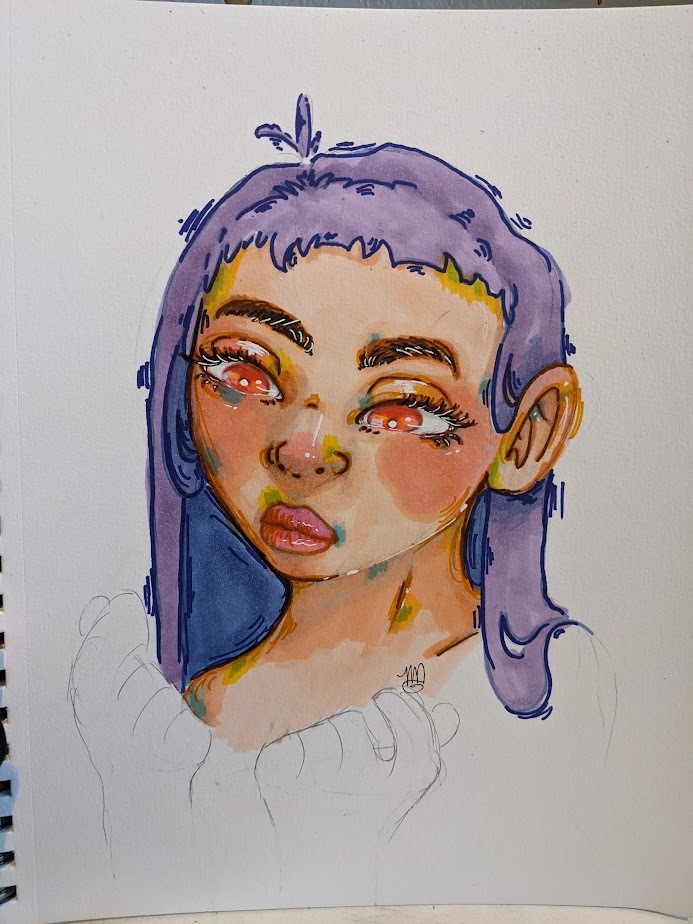 A woman with purple hair not really looking at the viewer.