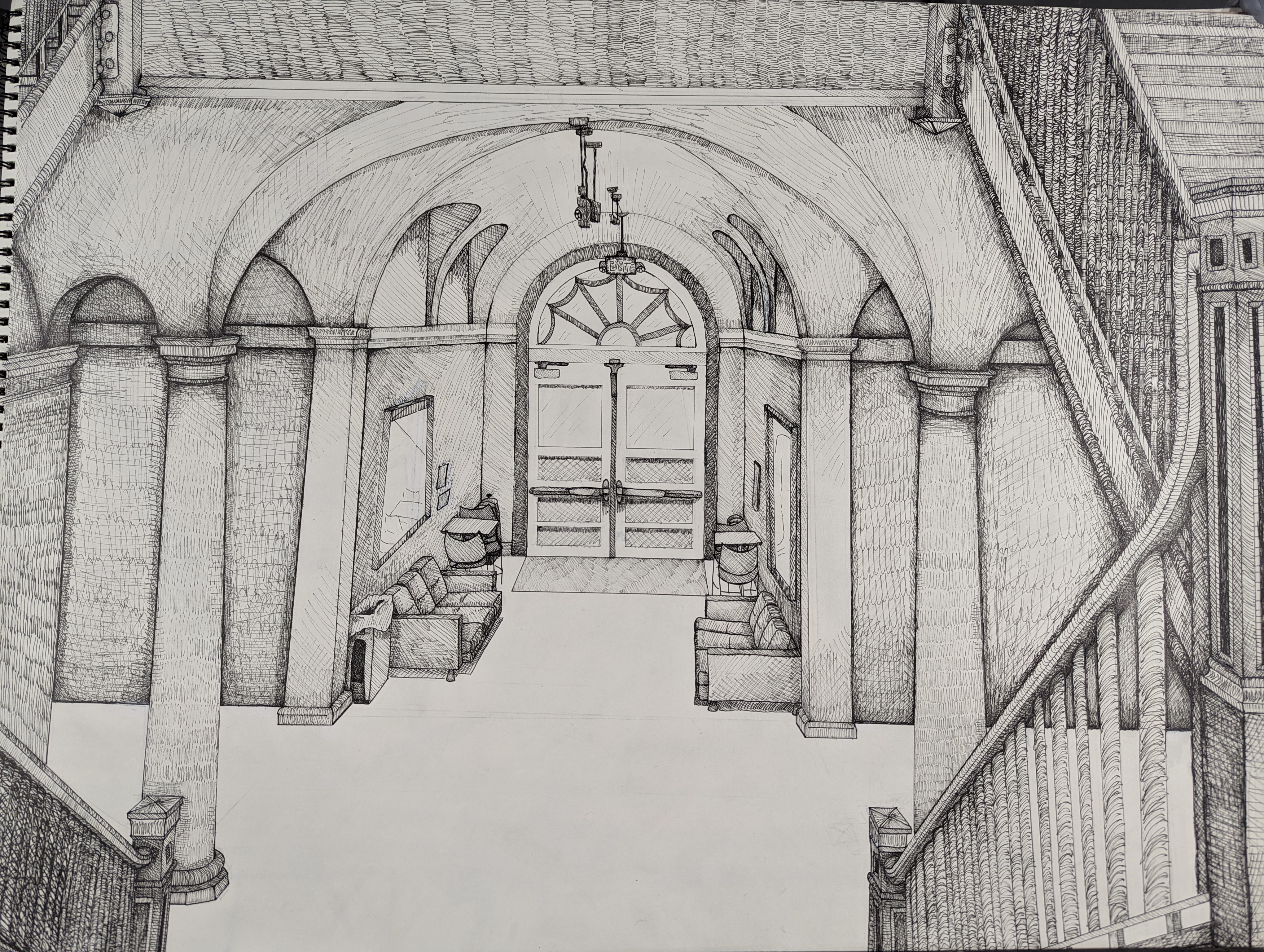 A sketch of the inside of a large domed building.