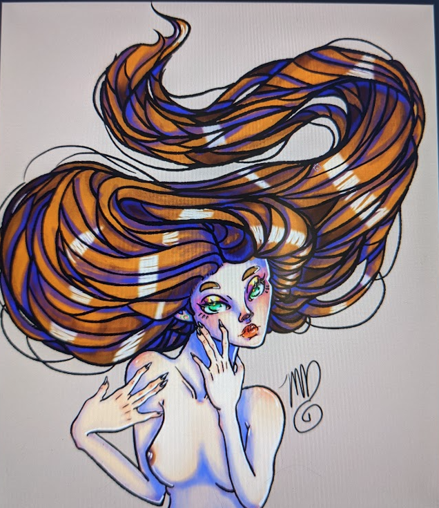 a topless woman with very long flowing hair defying gravity to the top of the peace. she is looking directly at the viewer.