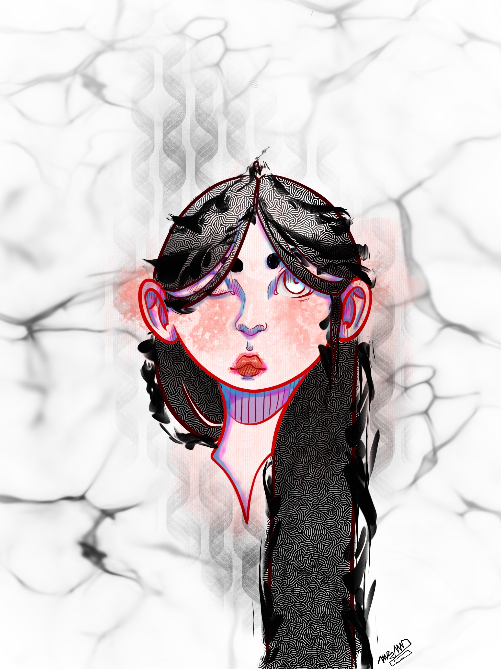 woman with very long black hair and blue eyes.