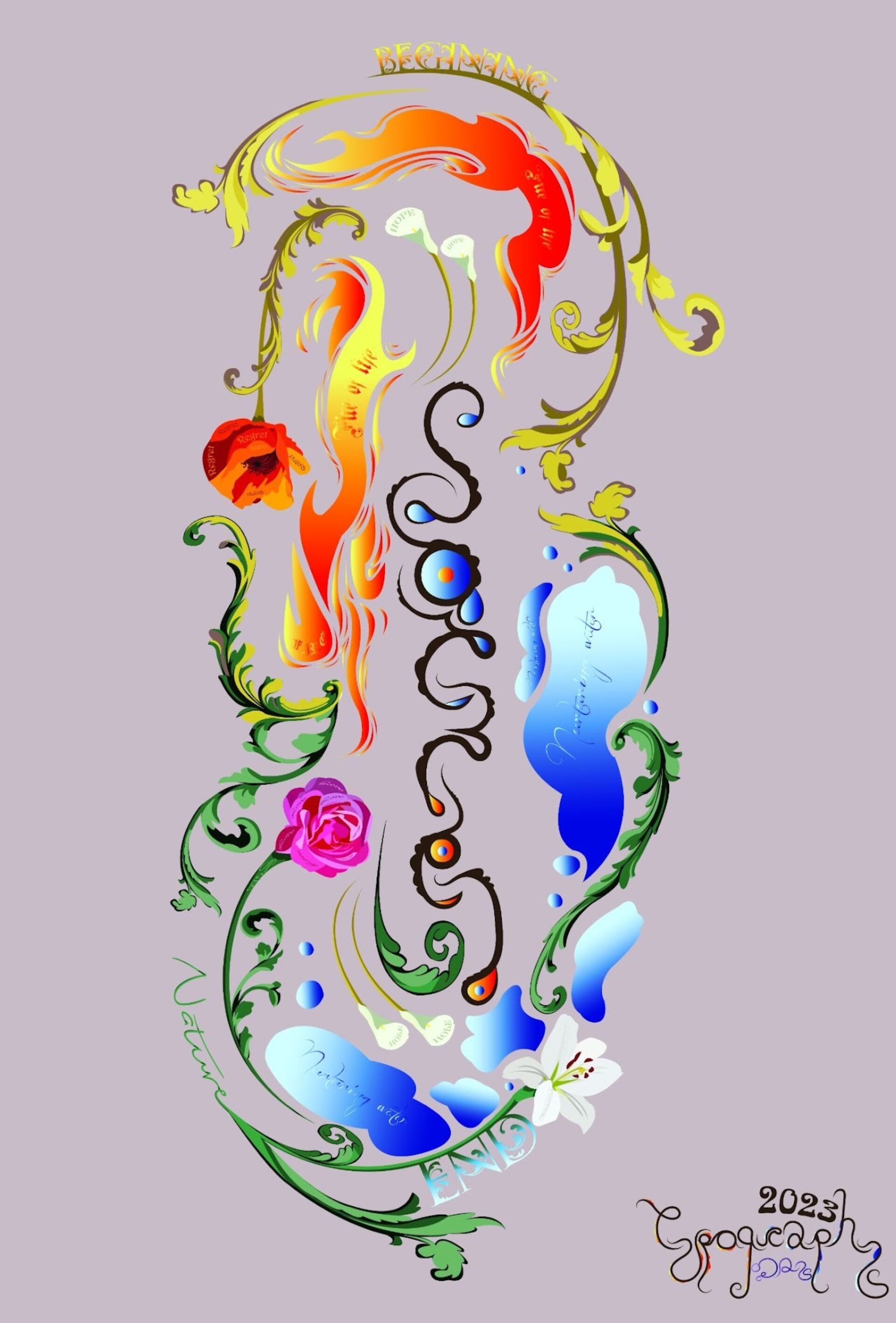 A poster made with flowers and elements of water, fire. the words of every element spelled out, hidden in the design.
