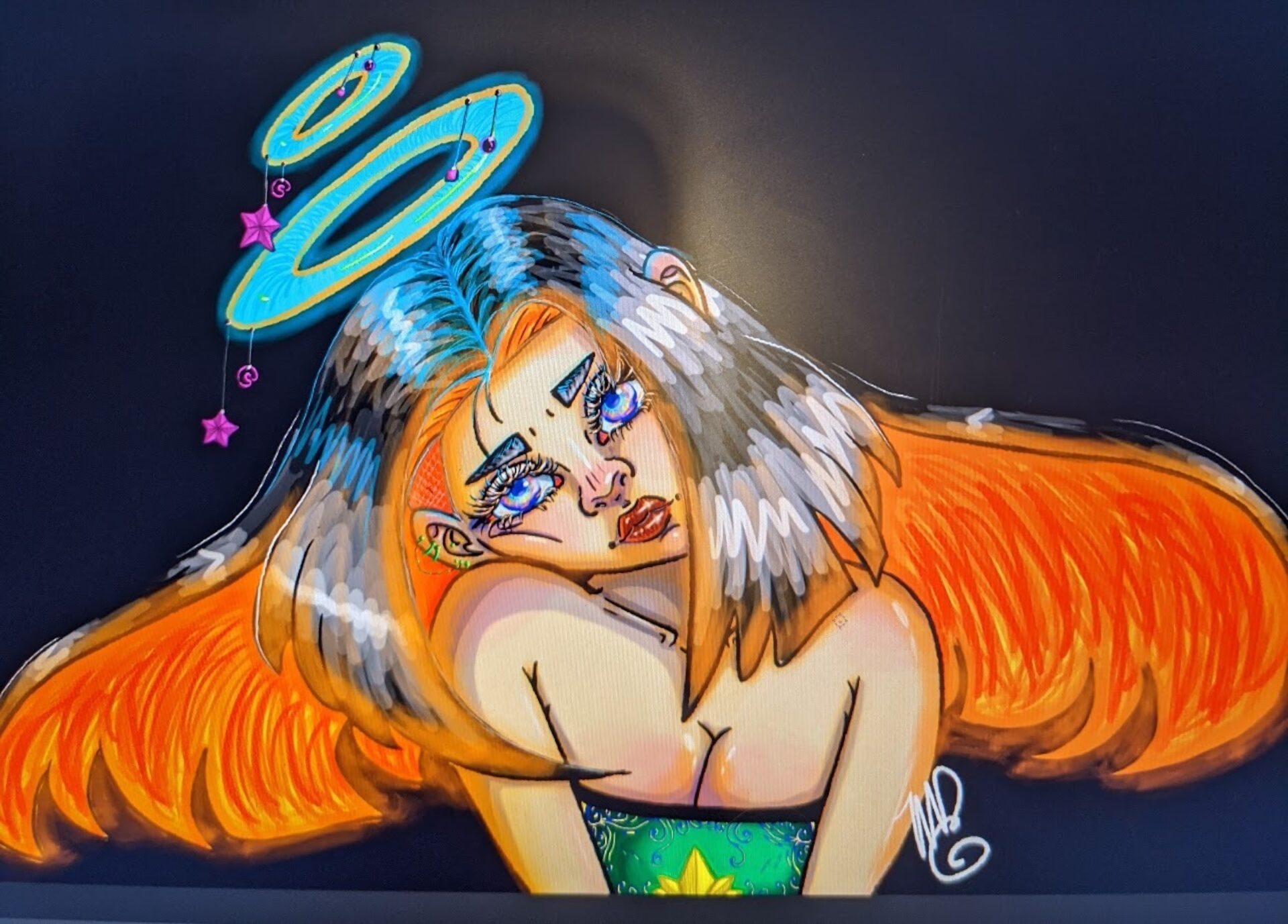 A woman looking directly a the viewer, with two halos and a neon glow about her.