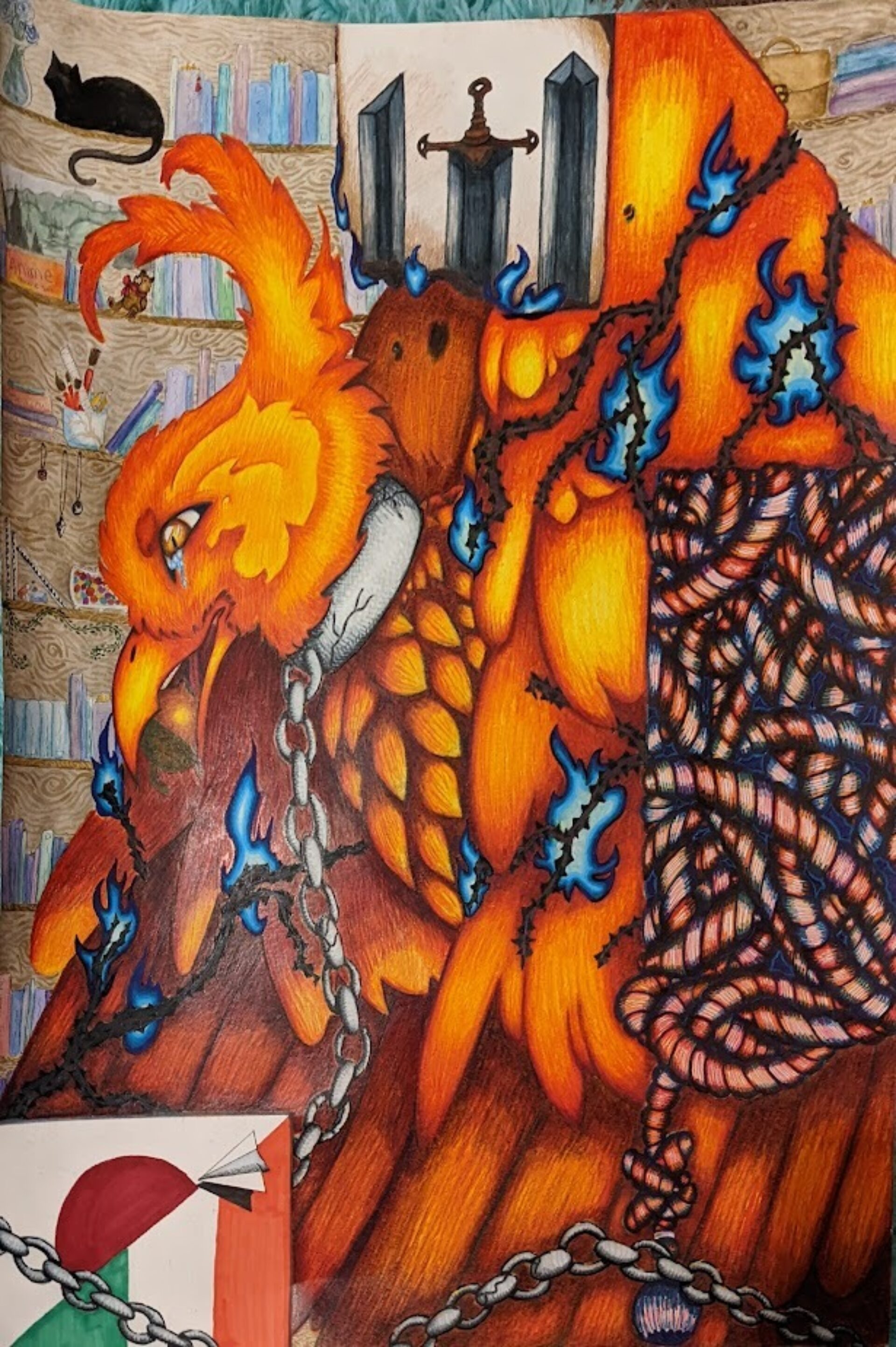 a phoenix  crying locked in chains. a bacdrop of books filled with various nick nacks. three sqars filled with diffrent things: a flag of japan and irland, a read rope, and burring parchment with drawings of swards on them.