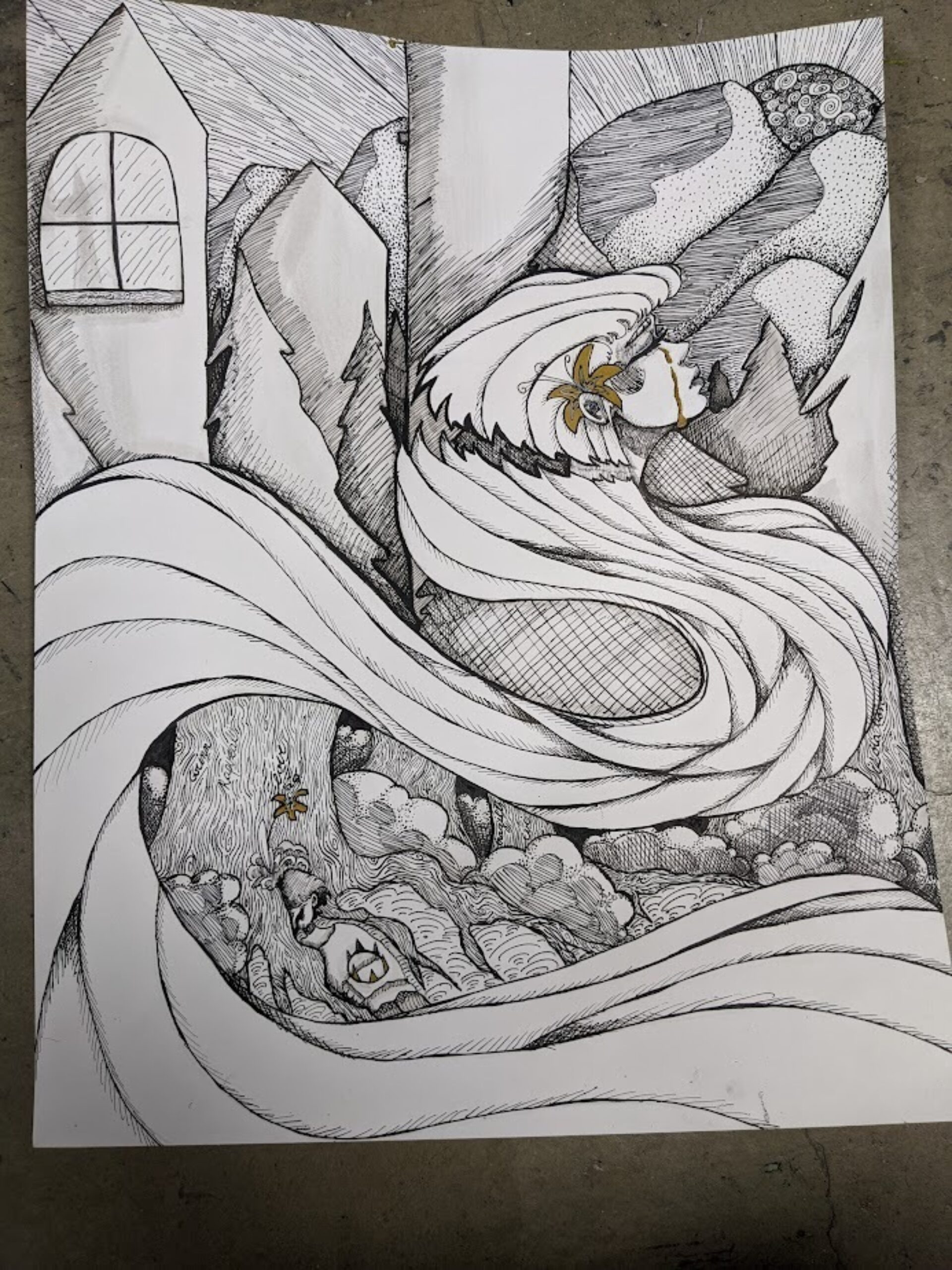 A disembodied head with flowing hair cut at the nape, flowing through the peaice surrounding elements like buildings and a forest where a mad lay dead with bleeding eyes.