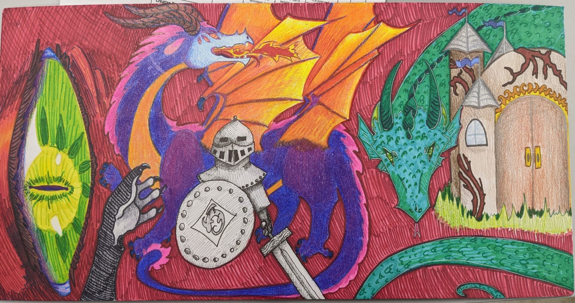 Dragon spelled with pictures related to a Dragon.