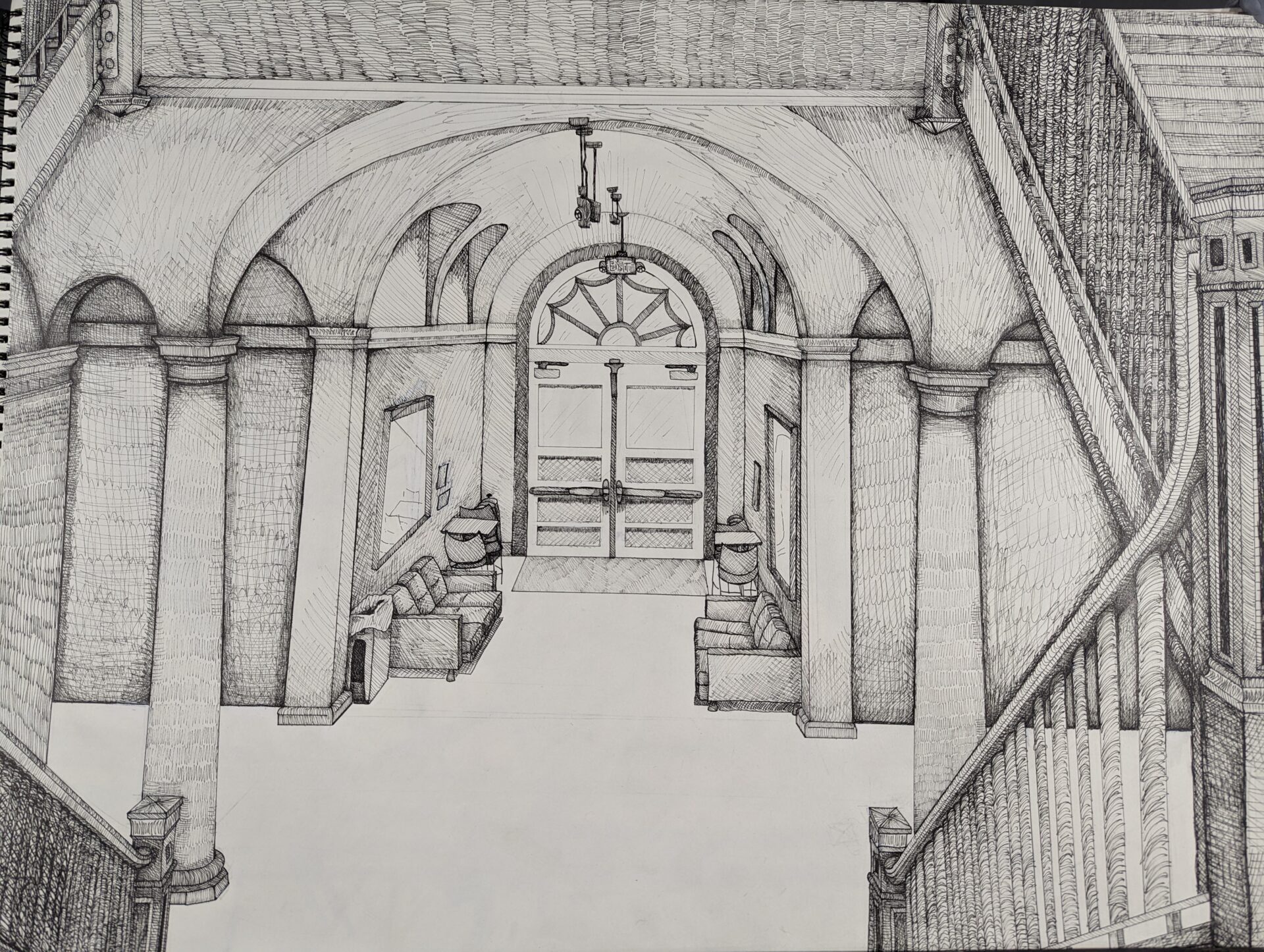 A sketch of the inside of a large domed building.