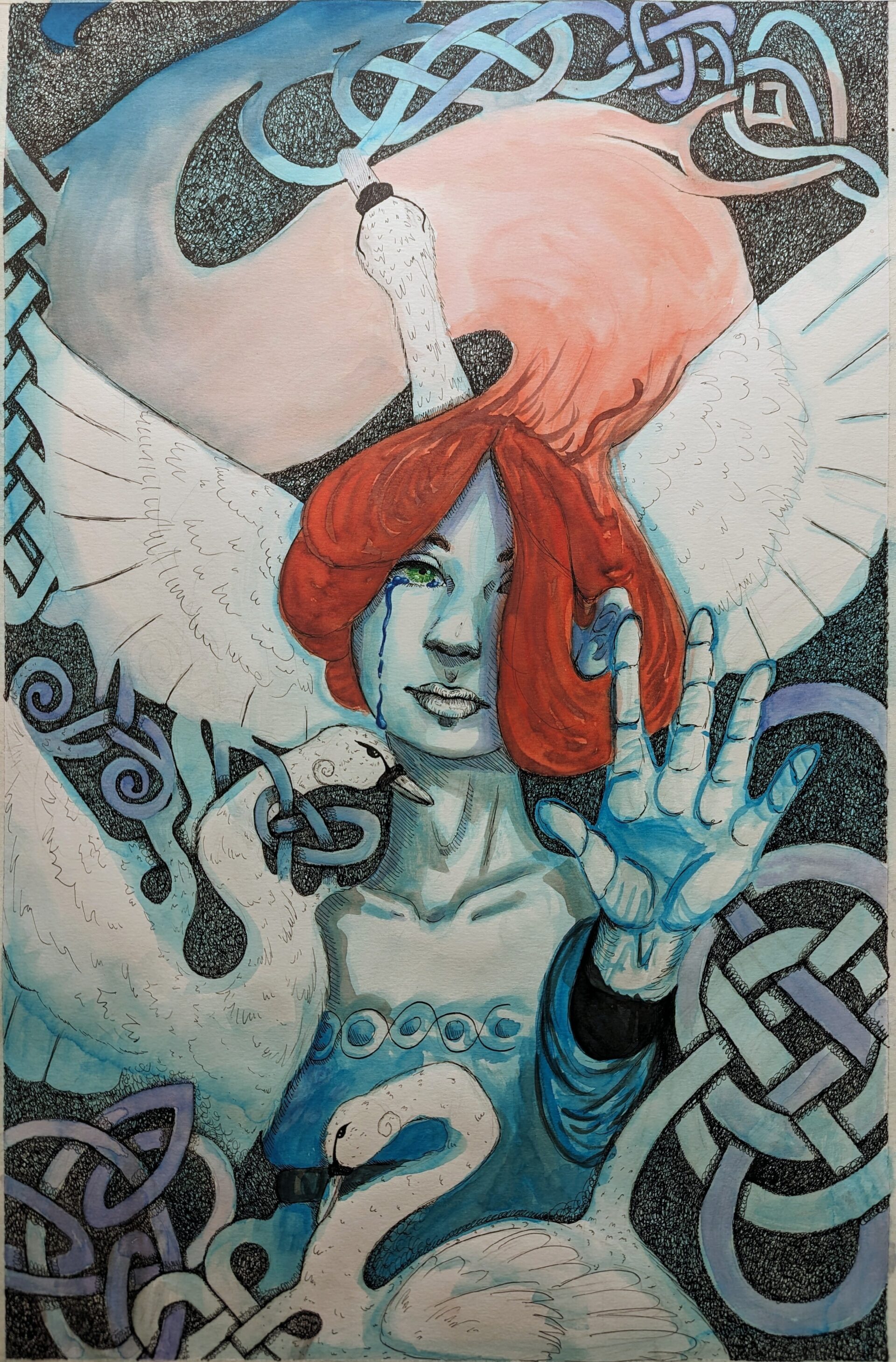 A young girl crys at the veiwer, holding her out streached hand in a stop kind of gesture. She is surrounded by swans who interlace with the background Celtic knot. her hair flows from a vibrant read to a watery whit blue into the background. she wares a blue dress and has green eyes. tears roll down her face in grief.