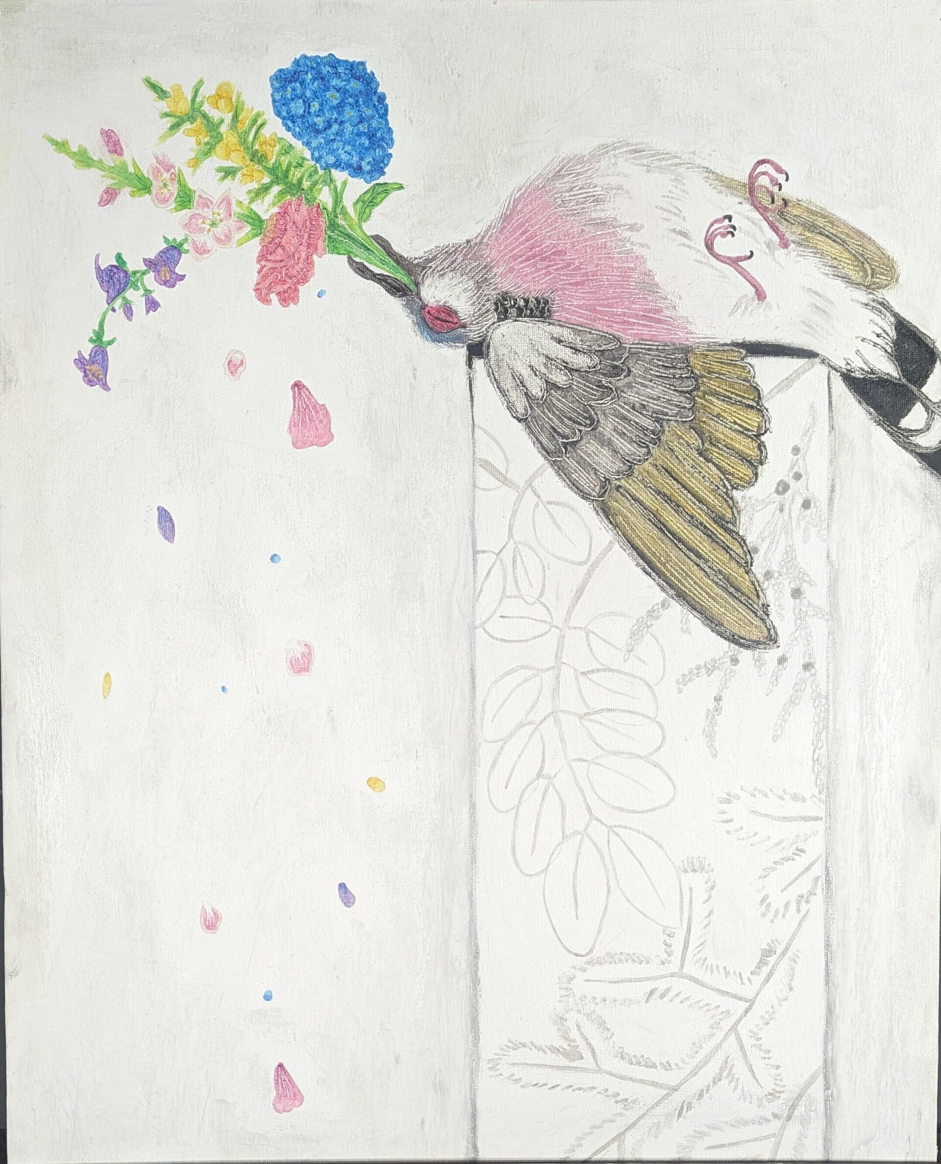 A dead bird on a pedestal in an exposition. flowers are growing out of its mouth.