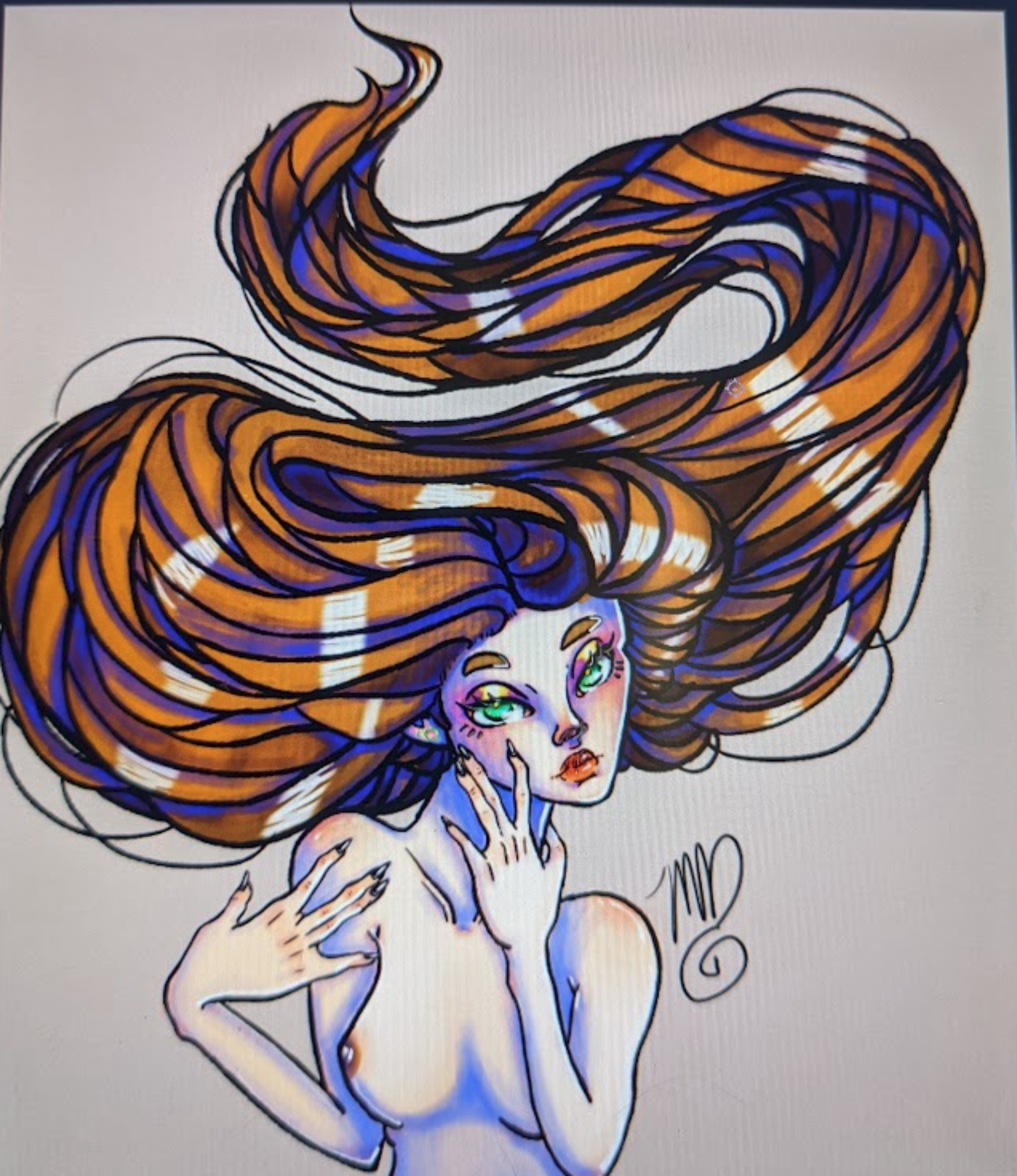 a topless woman with very long flowing hair defying gravity to the top of the peace. she is looking directly at the viewer.
