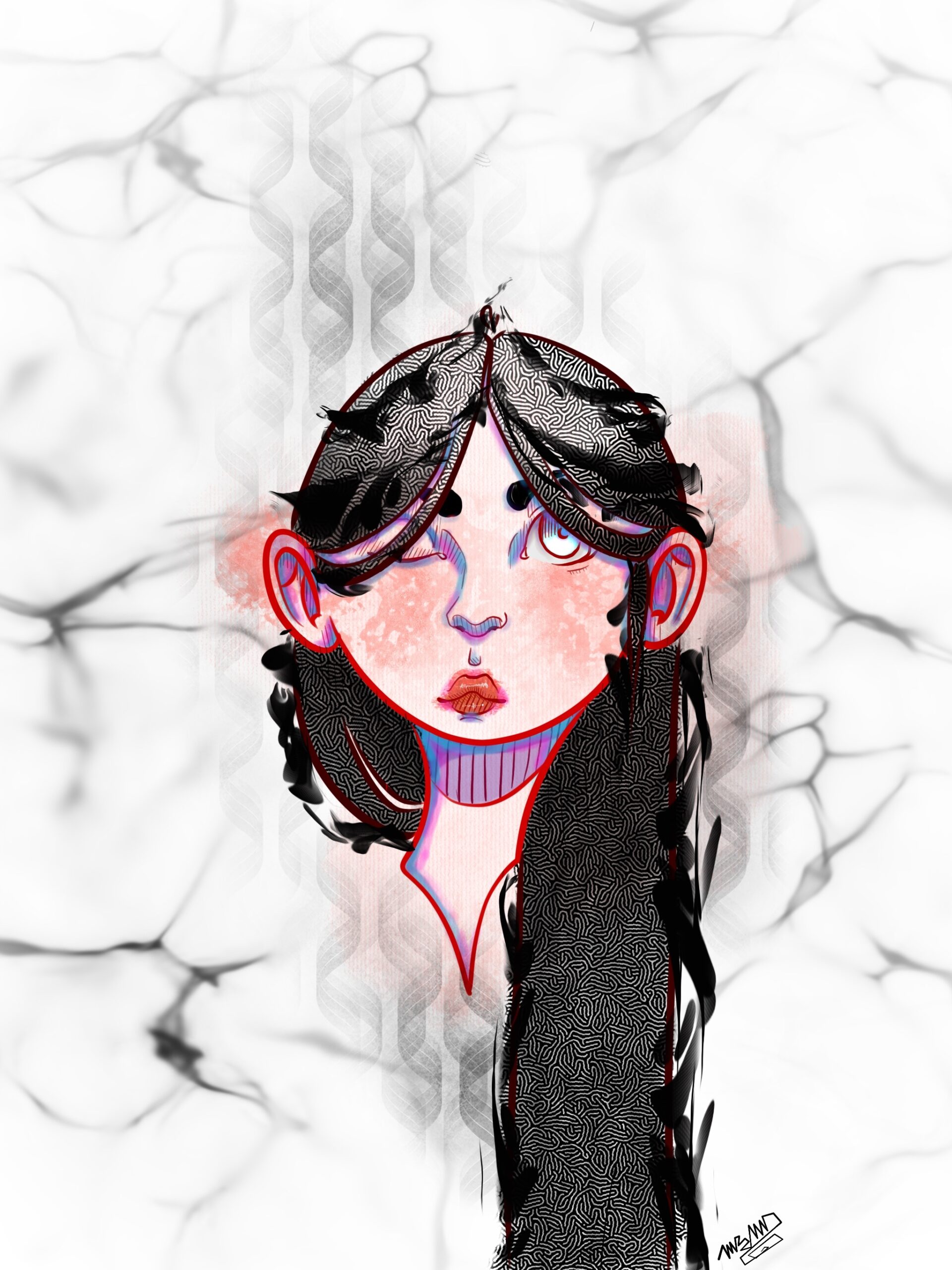 woman with very long black hair and blue eyes.