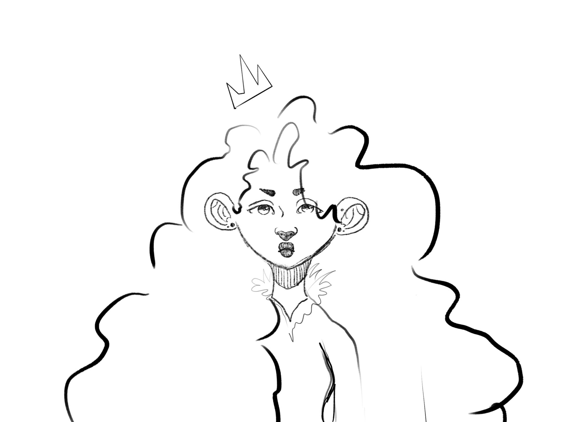 a black and white drawing of a long haired woman.