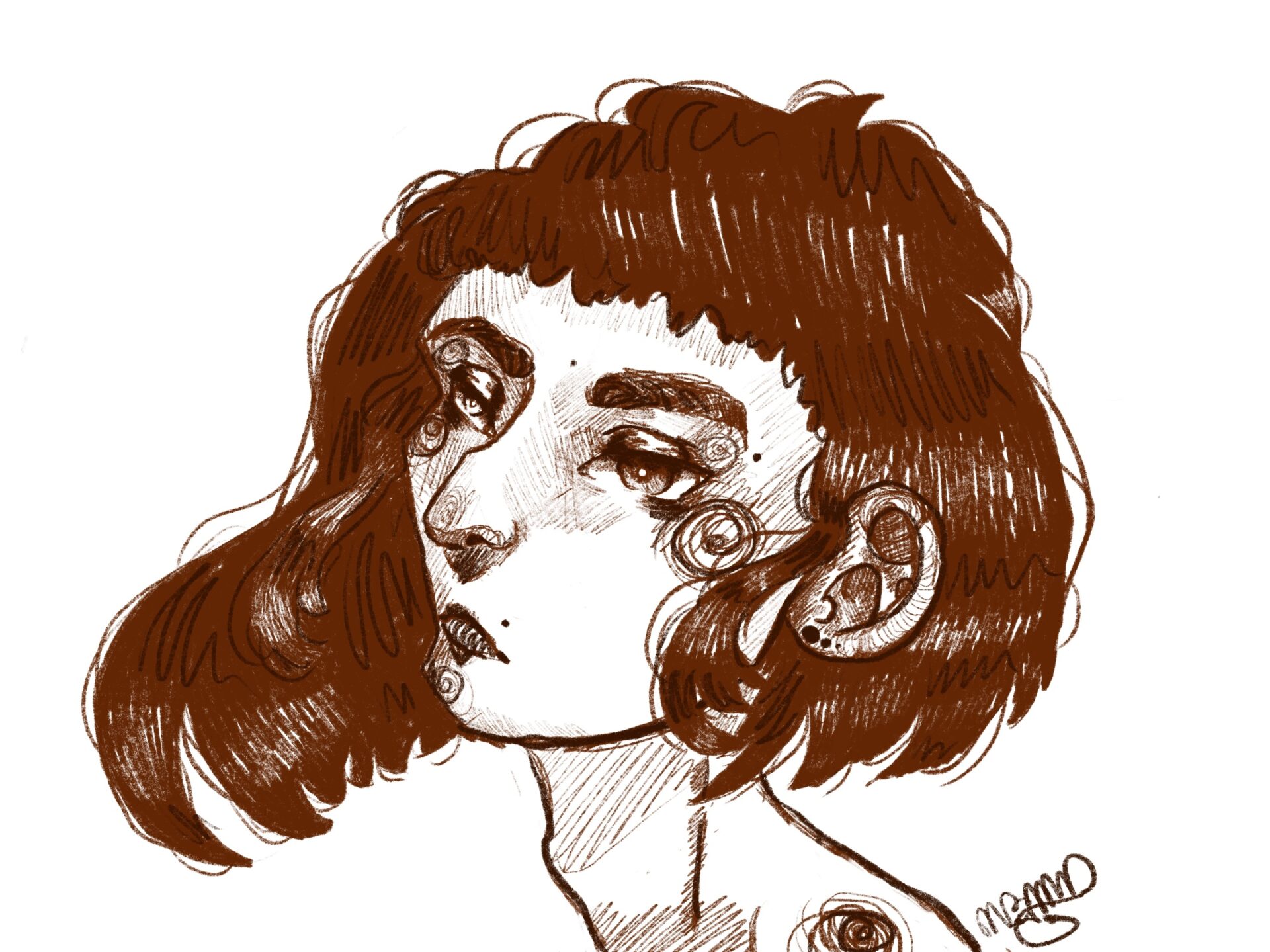 a sketch done in brown. just a woman head bust.
