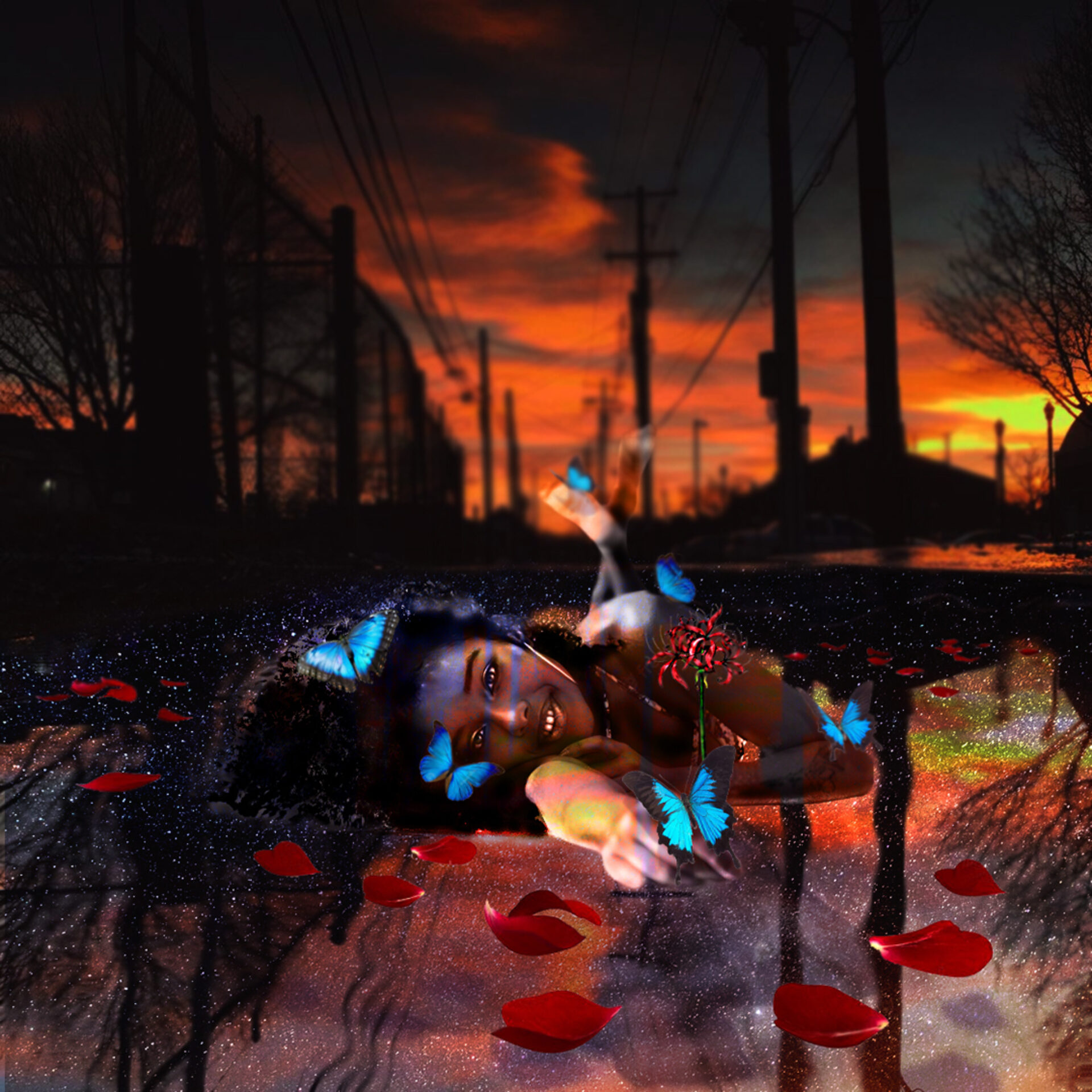 A photoshop collage of a woman lying in a pool of water reflecting the sky.