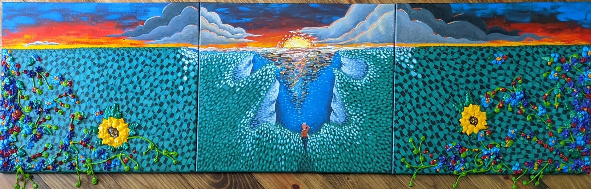 A panorama painting in three parts. sunrise on a cliff overlooking the ocean with a singular red headed woman looking out.